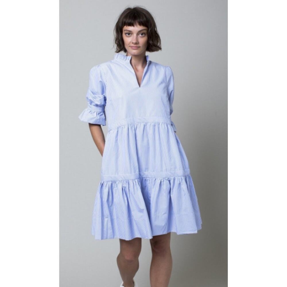 Gretchen Scott Designs Light Blue & White Tiered V-Neck Midi Dress